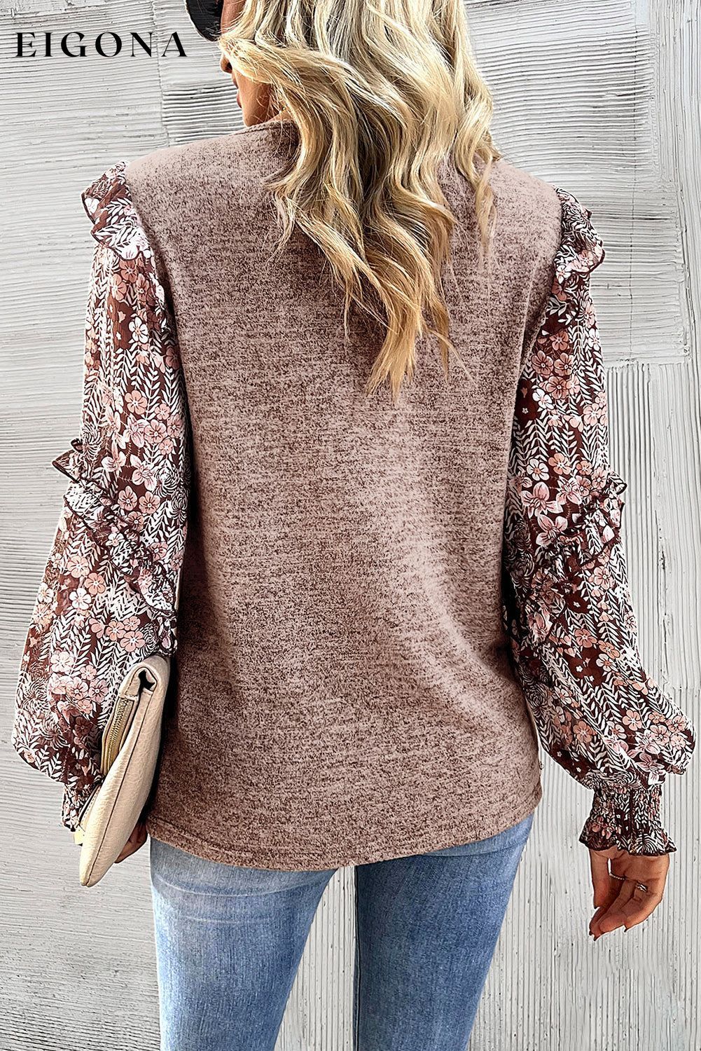 Pale Chestnut Ruffle Tiered Floral Sleeve Crew Neck Blouse