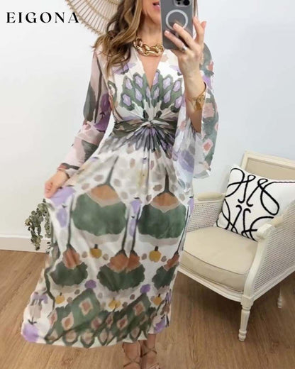 Elegant printed V-neck flare sleeves long dress casual dresses spring summer vacation dresses