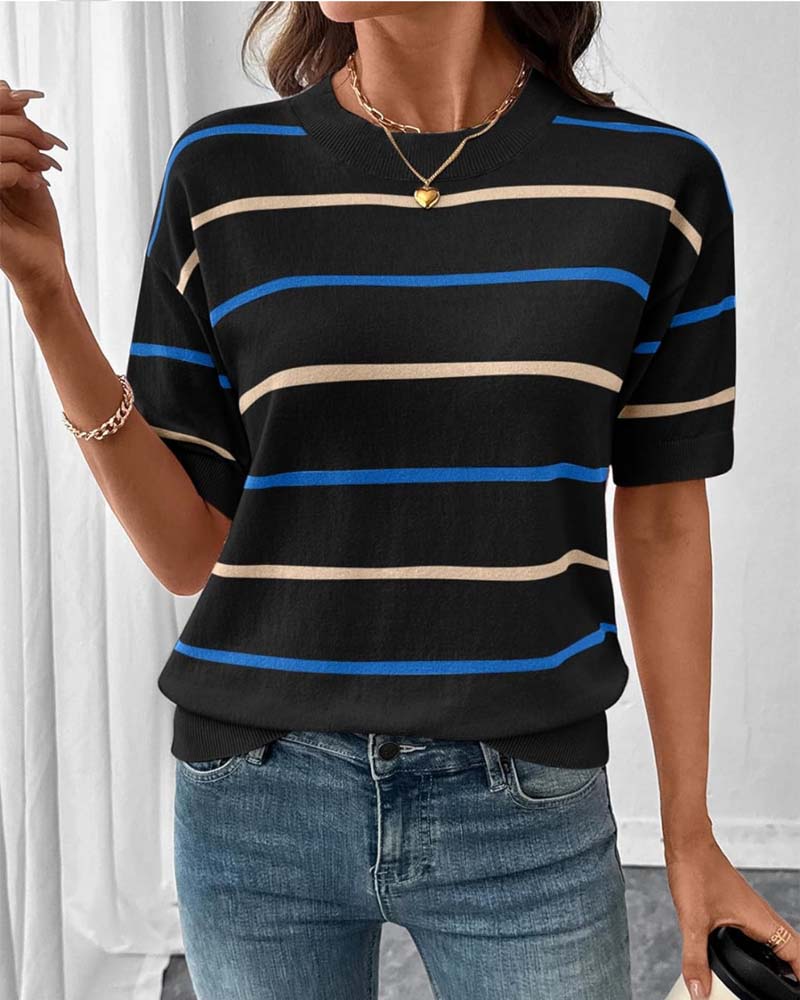 Stripe Contrast Color Short Sleeve Knit Pullover