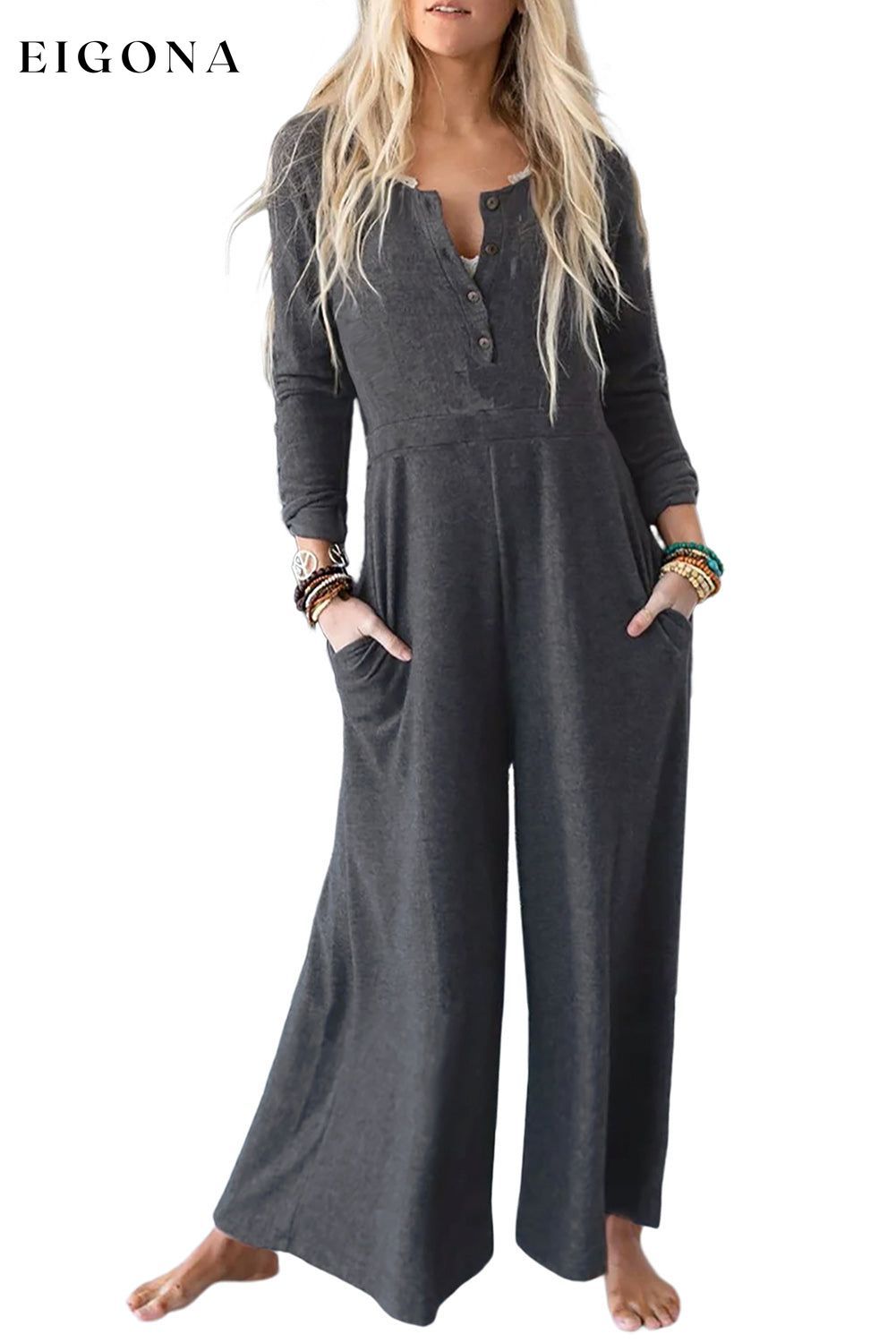 Gray Button Long Sleeve Wide Leg Jumpsuit clothes EDM Monthly Recomend Jumpsuit long sleeve jumpsuit lounge wear loungewear Occasion Daily Print Solid Color Season Fall & Autumn Silhouette Wide Leg Style Casual
