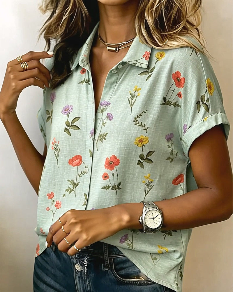 Turn-Down Collar Flower Print Short Sleeve Shirt