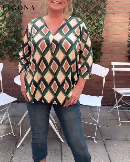 V-neck diamond print top blouses & shirts spring summer