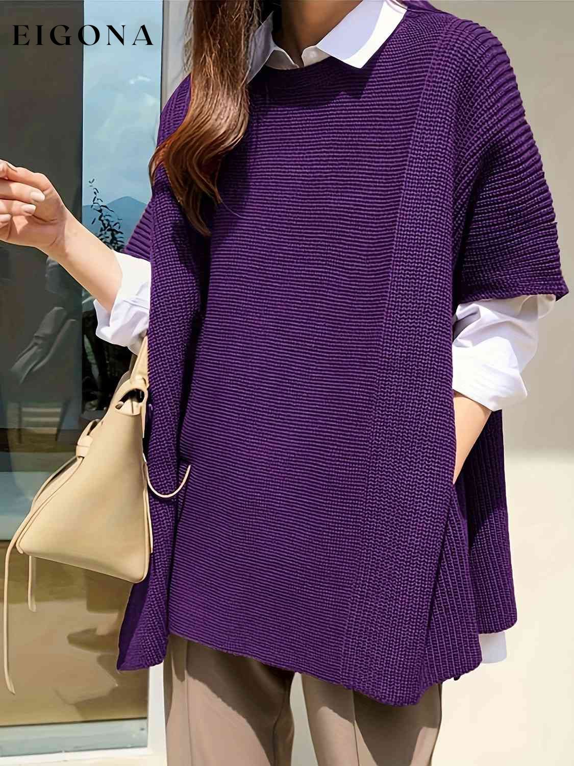 Plus Size Round Neck Slit Short Sleeve Sweater Violet clothes M@Z@L Ship From Overseas