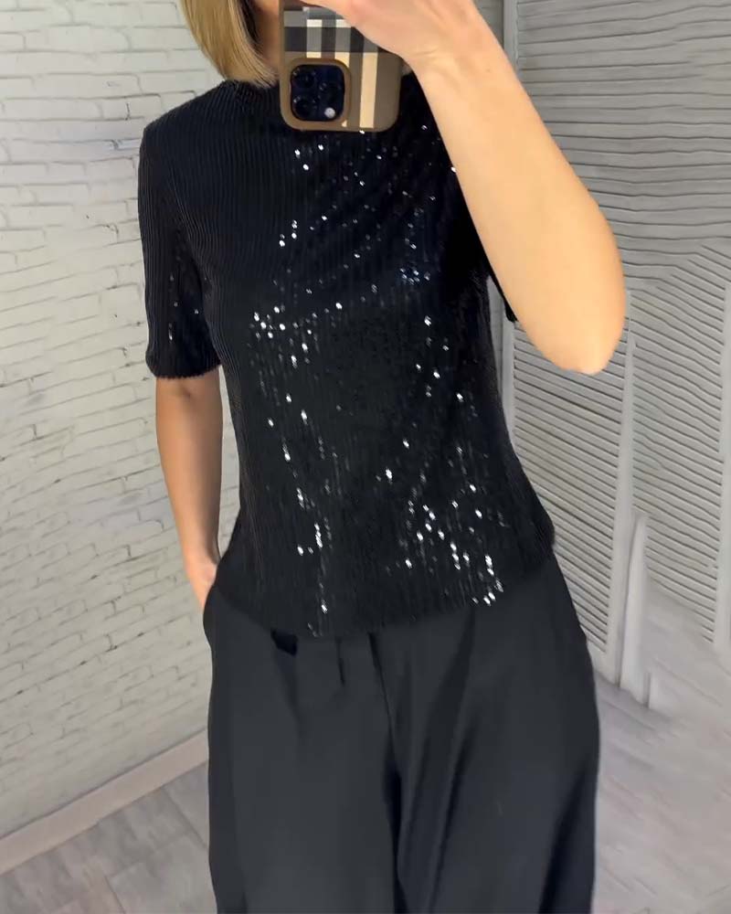 Slimming Sequined Short-Sleeved T-Shirt 2024 f/w christmas tops