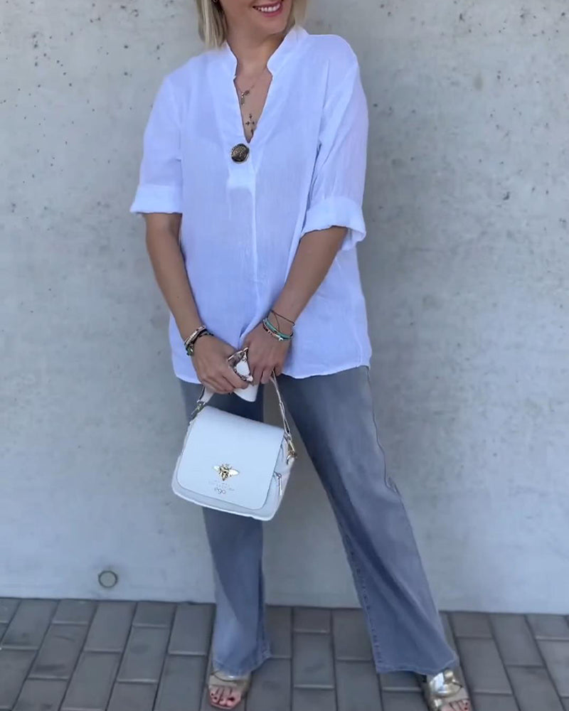 Solid Color Cotton Stand Collar Blouse