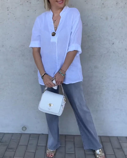 Solid Color Cotton Stand Collar Blouse