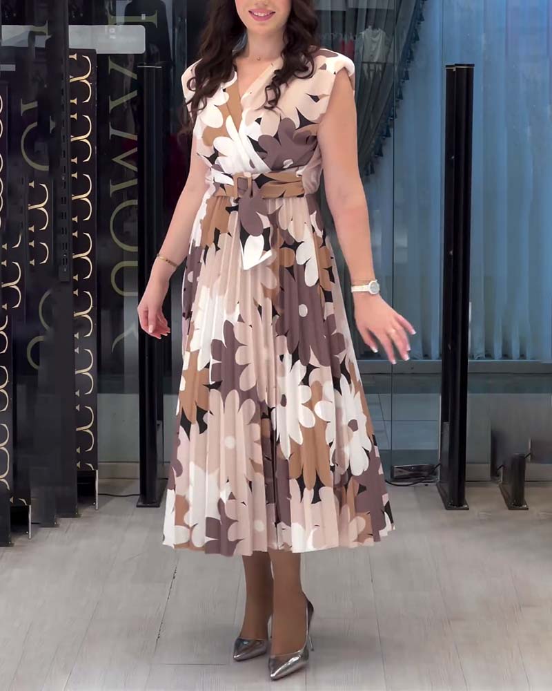 Elegant floral print V-neck pleated sleeveless dress casual dresses spring summer