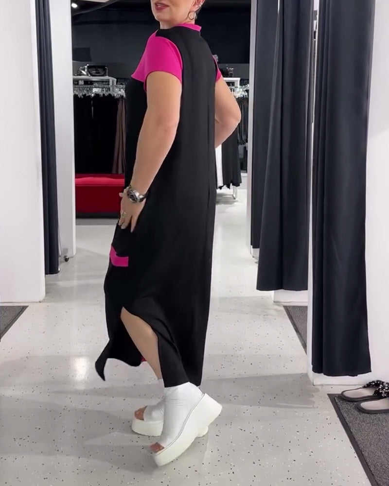 Round Neck Casual Commuting Contrast Color Dress