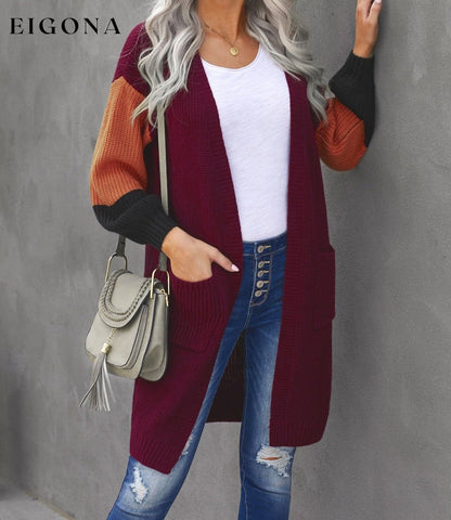 Color Block Rib-Knit Longline Cardigan with Front Pockets cardigan clothes long sleeve Ship From Overseas SYNZ