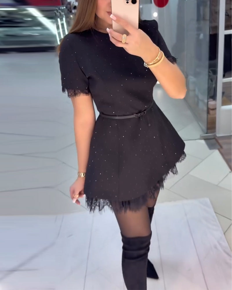 Sparkling Lace Short-Sleeve A-Line Dress