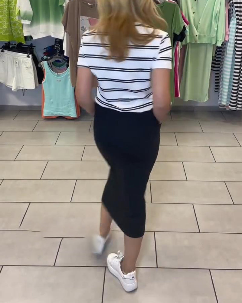 Round Neck Striped Slit Skirt Set