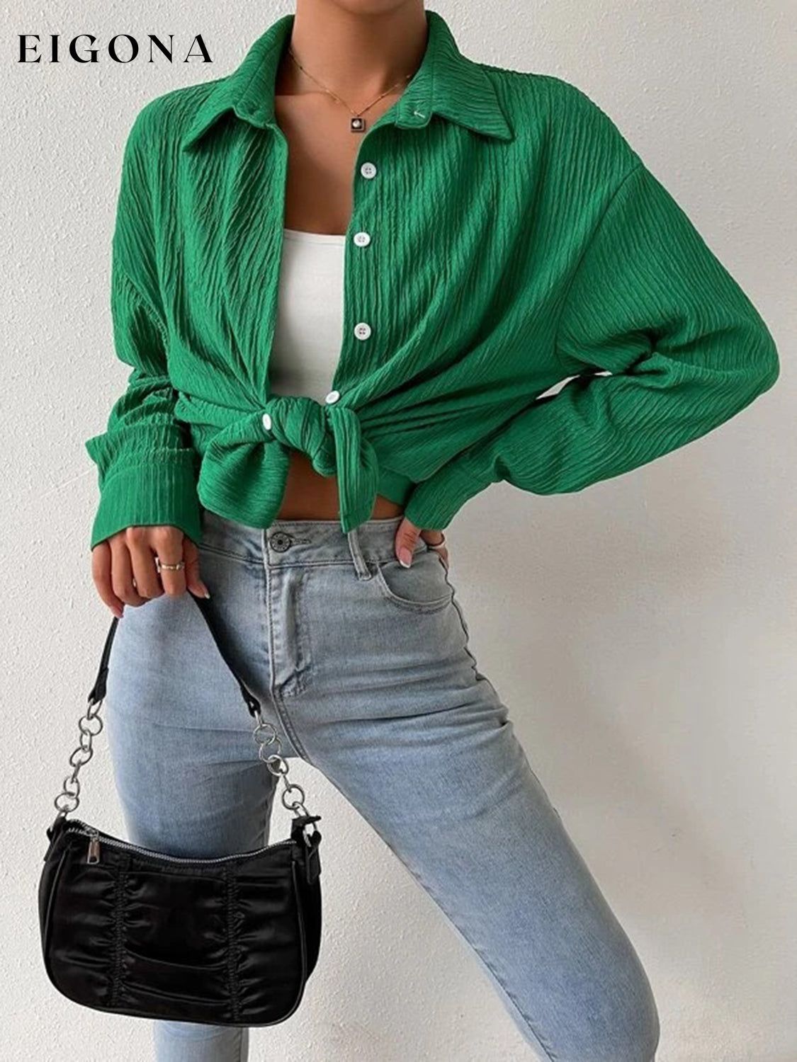 Textured Drop Shoulder Shirt Jacket Green clothes jacket Ship From Overseas Shipping Delay 09/29/2023 - 10/03/2023 top trend Y@L@Y
