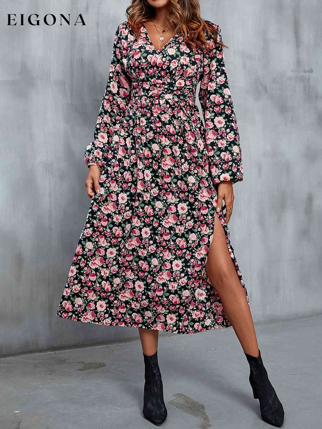 Floral V-Neck Slit Midi Dress Carnation Pink clothes Hundredth Ship From Overseas