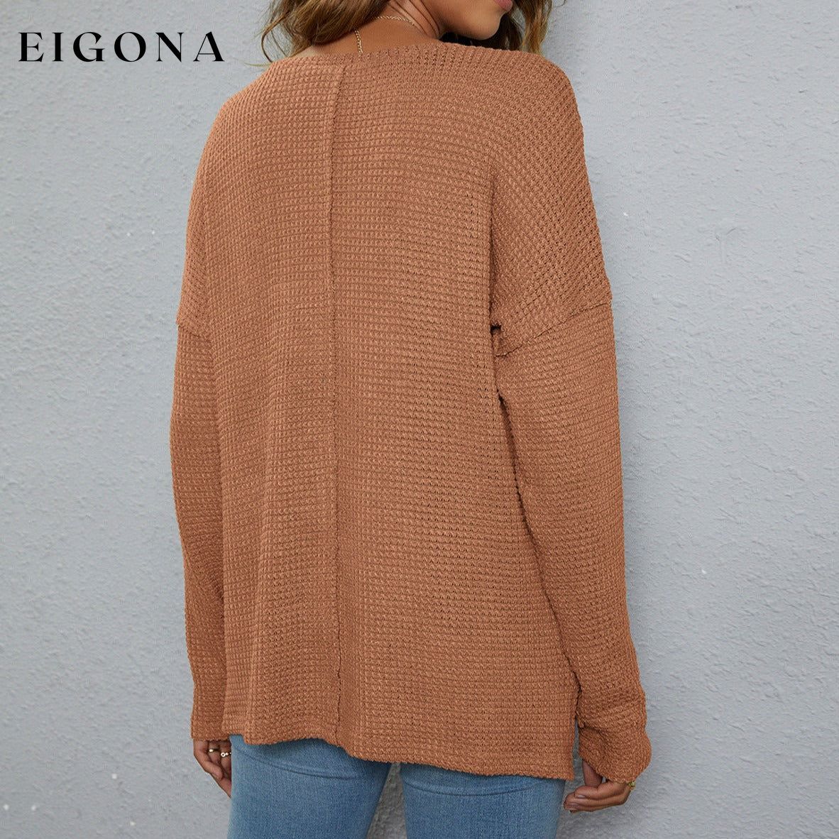 Dropped Shoulder High-Low Waffle-Knit Top Changeable clothes long sleeve long sleeve shirts long sleeve top Ship From Overseas