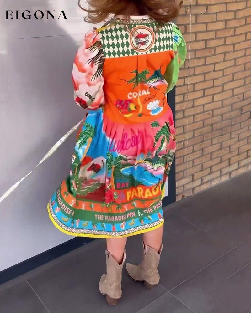 Colorful printed lapel long-sleeved dress casual dresses spring summer