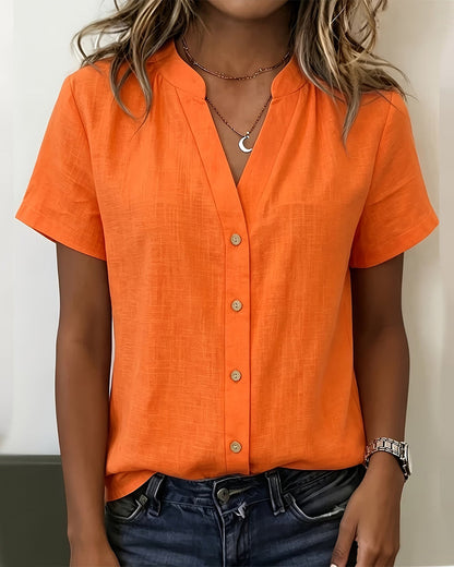 Stand Collar Button-Up Short Sleeve Blouse