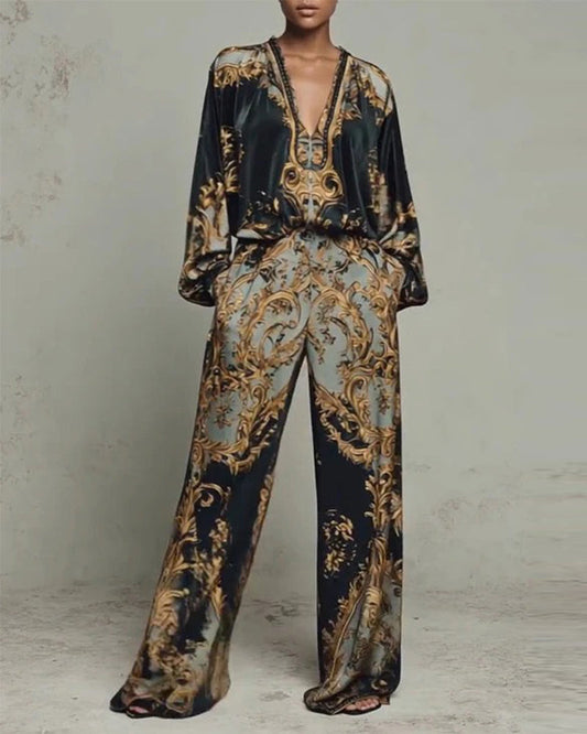 V-Neck Lantern Sleeve Wide Leg Pant Set spring summer two-piece sets