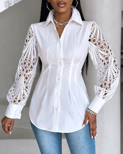 Solid color hollow stitching elegant shirt 202466 blouses & shirts spring summer