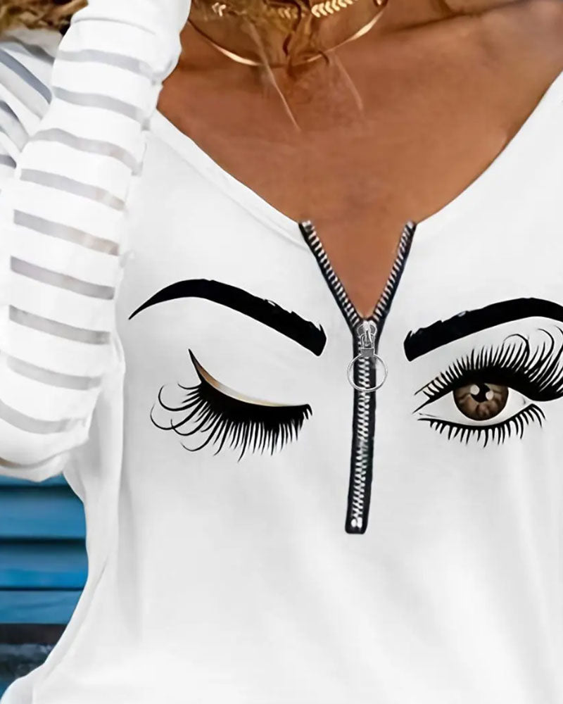 Printed Striped Patchwork Half-Zip Top