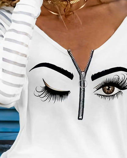 Printed Striped Patchwork Half-Zip Top