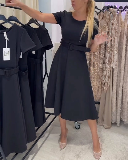 Round Neck Short Sleeve Waist-Defined A-Line Dress