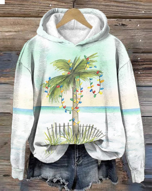 Women's Retro Florida Christmas Watercolor Palm Tree Print Hoodie 2024 f/w christmas hoodies