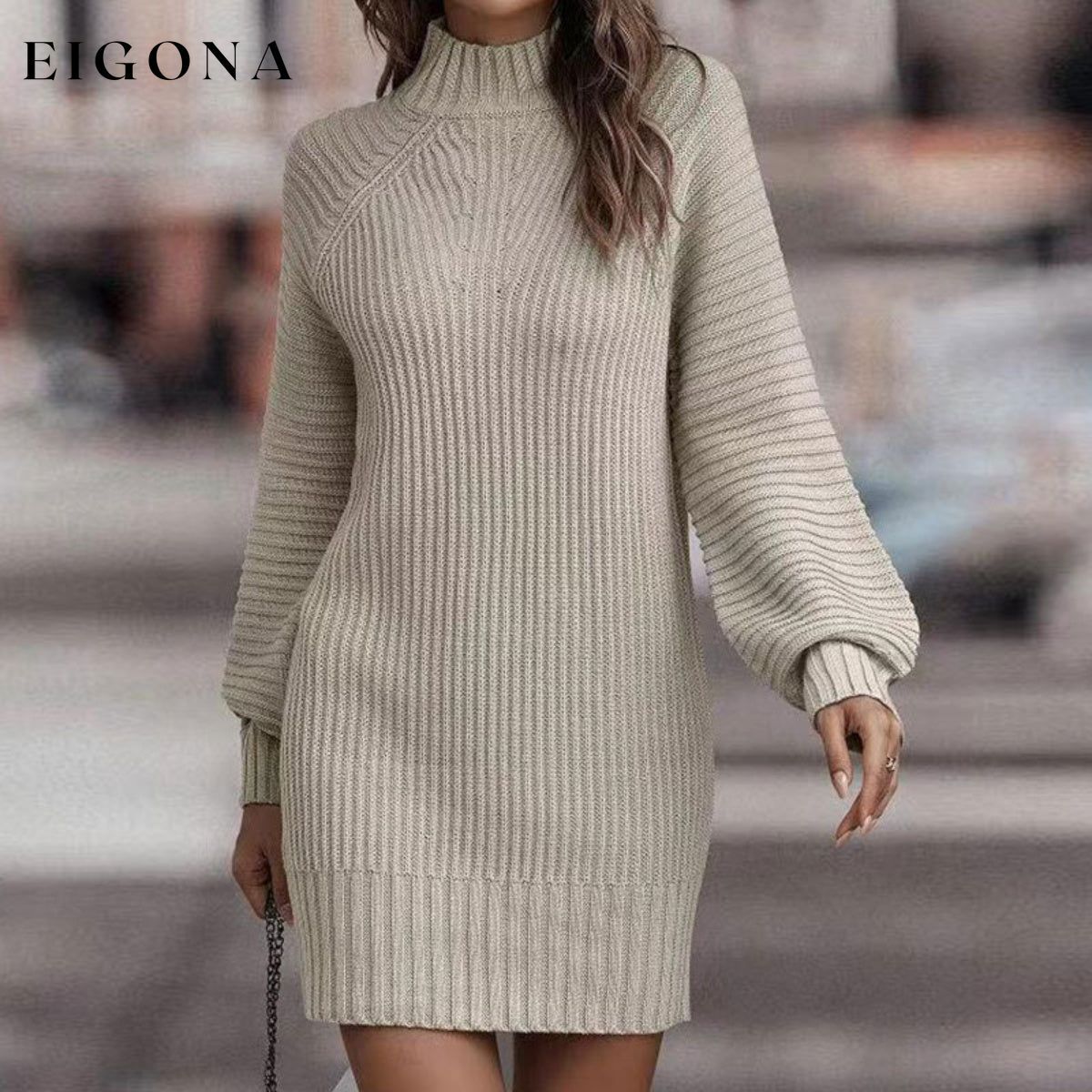 Mock Neck Lantern Sleeve Sweater Dress casual dresses clothes dress dresses Ship From Overseas Shipping Delay 09/29/2023 - 10/04/2023 sweater dress Y@Y@D@Y