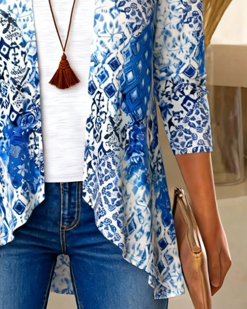 Printed Faux Two-Piece Irregular Blouse