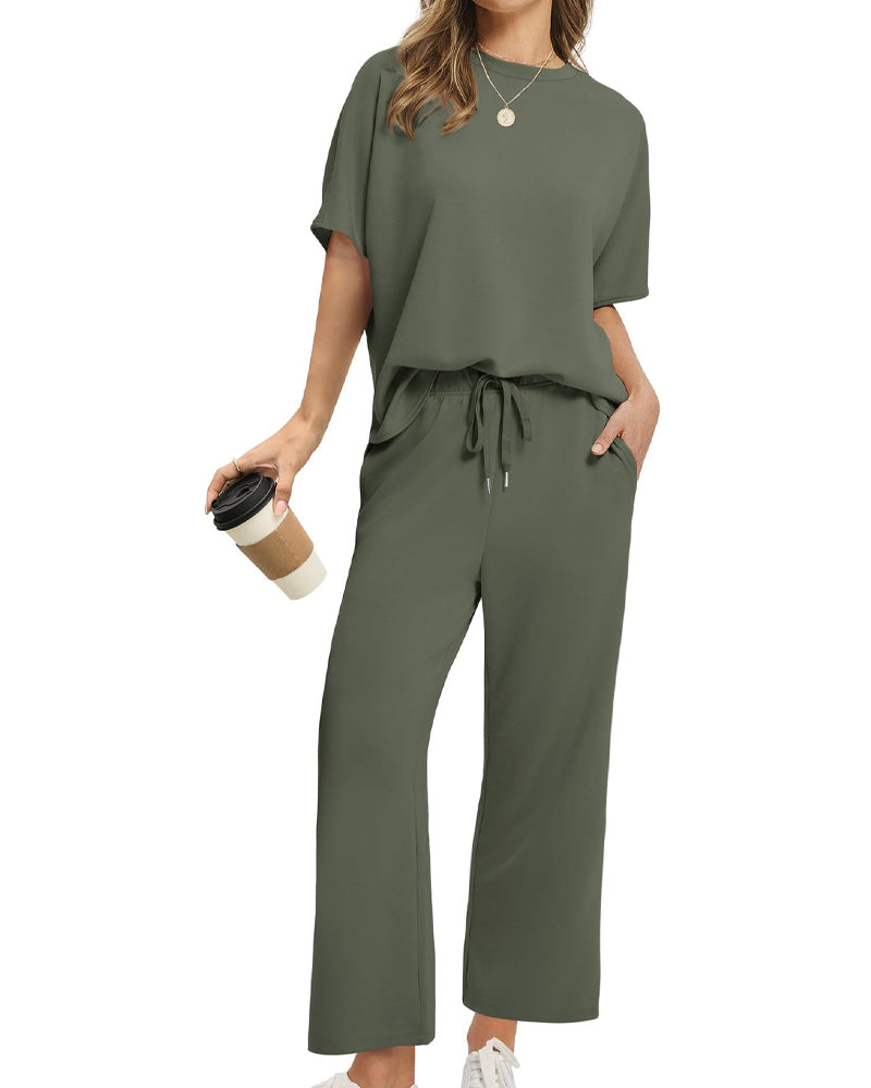 Solid Color Crew Neck Short-Sleeved Suit