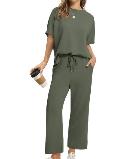 Solid Color Crew Neck Short-Sleeved Suit