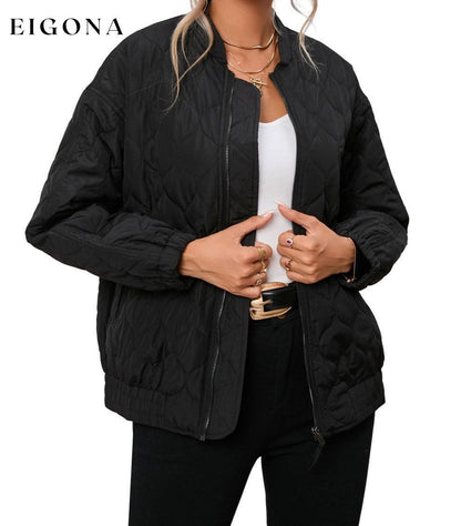 Black Solid Color Quilted Zip Up Puffer Jacket All In Stock Best Sellers clothes Craft Quilted Jacket Coat Jackets & Coats Occasion Daily Print Solid Color Season Winter Style Casual
