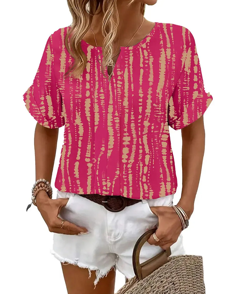 Tie-Dye Vertical Stripe Pattern Short Sleeve Blouse