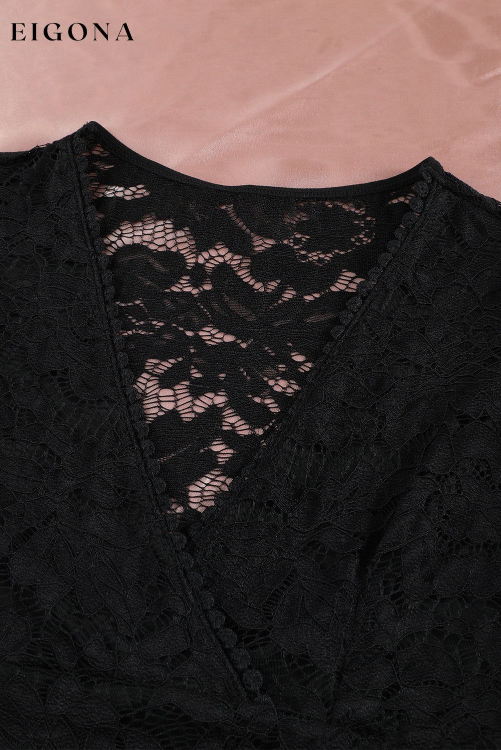 Black V Neck Lace Sheer Puff Sleeve Bodysuit blouse clothes DL Chic DL Exclusive puff sleeve shirt Season Spring top v neck shirt