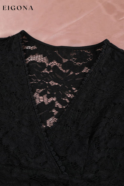 Black V Neck Lace Sheer Puff Sleeve Bodysuit blouse clothes DL Chic DL Exclusive puff sleeve shirt Season Spring top v neck shirt