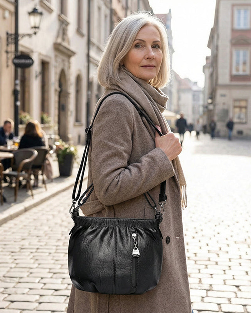 Casual Pleated Bucket Soft Leather Handbag