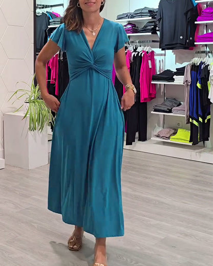 Short-Sleeved Solid Color Twisted Temperament Dress