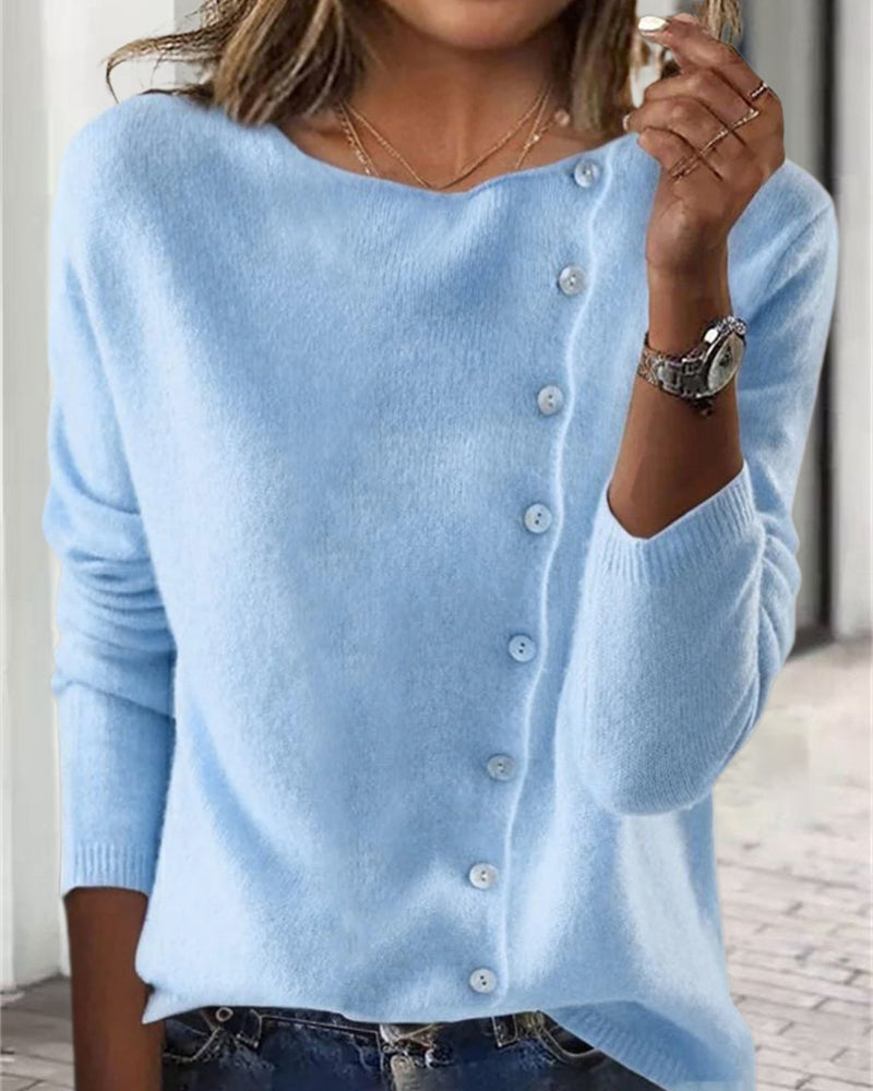 Casual solid color oblique button round neck pullover 2024 f/w pullovers