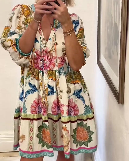 Bohemian V-Neck Printed Babydoll Dress