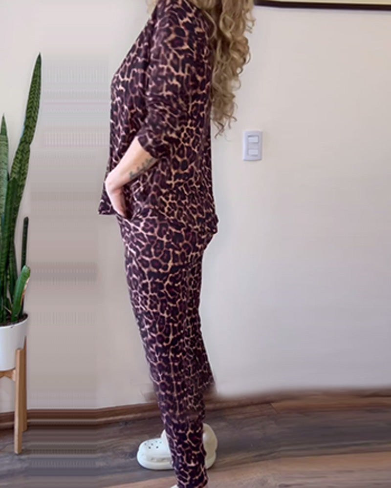 Leopard print round neck casual two-piece suit 2024 f/w two-piece sets