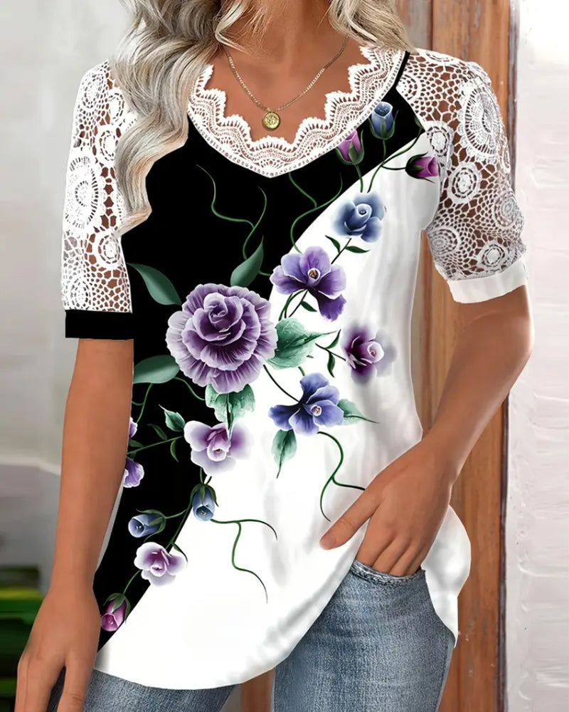 Lace Patchwork Printed Blouse