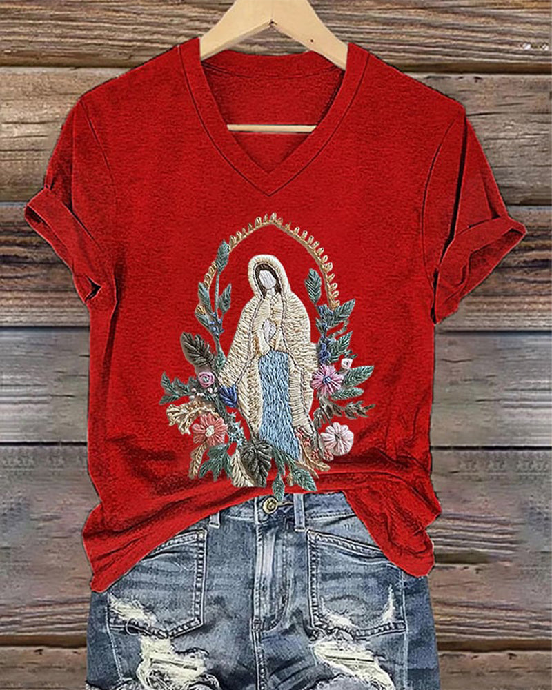 Women's Christian Our Lady Floral Printed V-Neck T-shirt