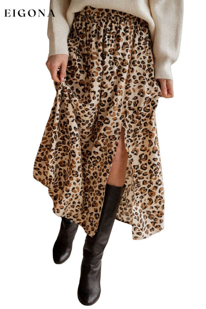 Animal Print High Waist Side Slit Long Skirt All In Stock bottoms clothes EDM Monthly Recomend Occasion Daily Print All Over Print Leopard Season Fall & Autumn Silhouette A-Line skirts Style Elegant