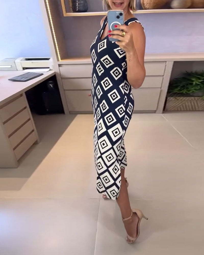 Abito senza maniche con stampa a rombi e scollo a V