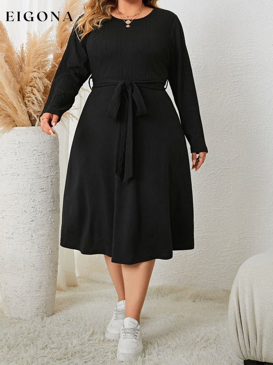 Plus Size Tie Waist Long Sleeve Dress Black clothes dress dresses Hanny long sleeve dress midi dress Ship From Overseas Shipping Delay 09/29/2023 - 10/04/2023