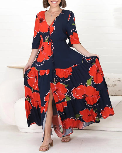 Elegant floral print waist slit dress 202466 casual dresses spring summer