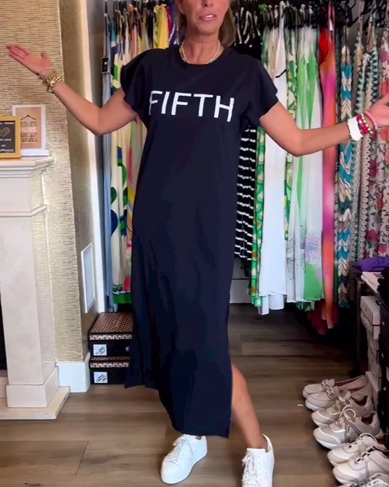 Letter print ruffle sleeve slit casual dress