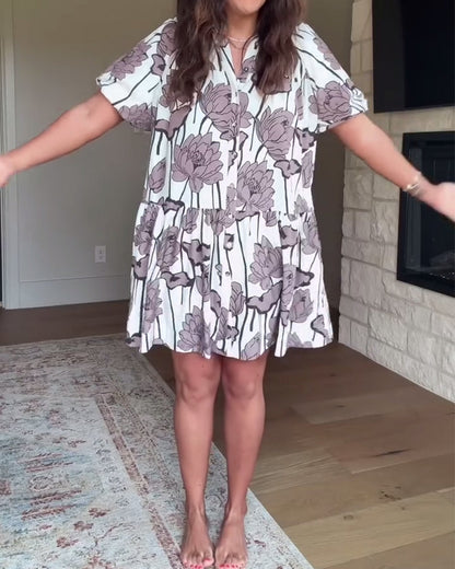 Puff Sleeve Floral Print Casual Dress