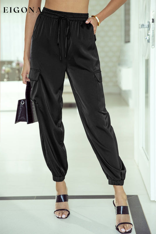 Black Satin Pocketed Drawstring Elastic Waist Pants Black 90%Polyester+10%Elastane All In Stock bottoms clothes DL Exclusive Early Fall Collection Fabric Satin Occasion Daily pants Print Solid Color Season Fall & Autumn Style Modern