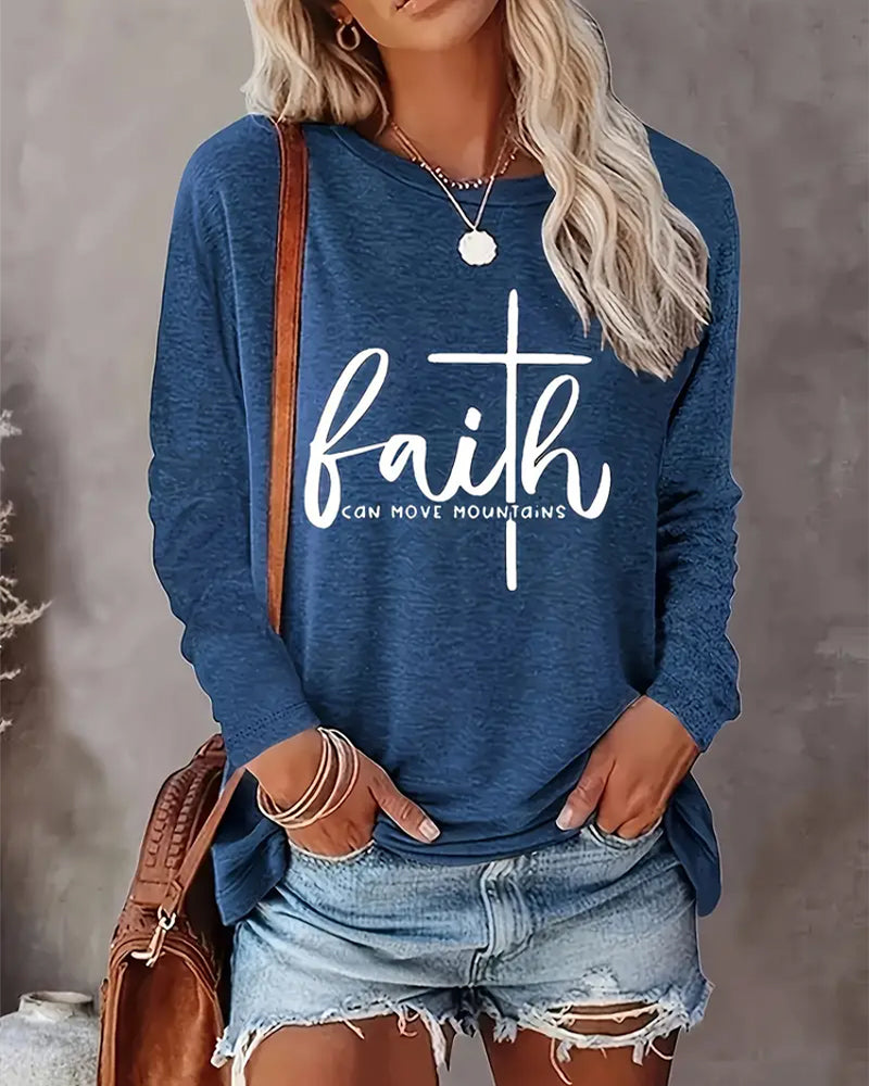 Faith-Inspired Print Womens Long Sleeve Crew Neck Top 2024 f/w blouses & shirts faith & slogan spring