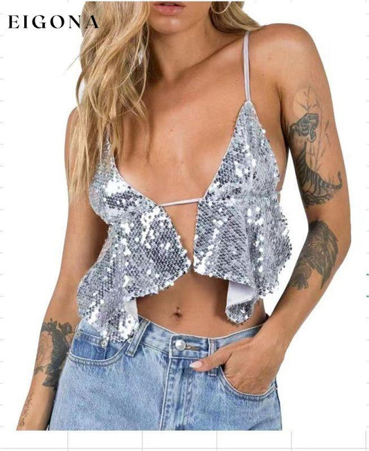 Women's sexy design sequined backless cami camisole Silver grey cami camisoles clothes crop top croptop sequin sequin shirt sequin shirts sequin top sexy shirt sexy top sexy tops shirt shirts short sleeve short sleeve shirt short sleeve shirts